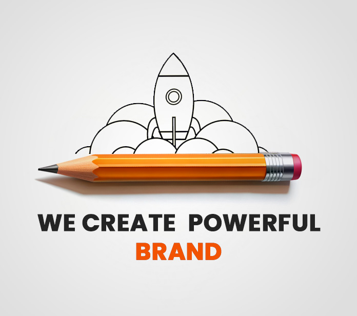 Image featuring a pencil launching a rocket with the text We Create Powerful Brand, relevant to branding services offered by Greysell, an advertising agency in Andheri