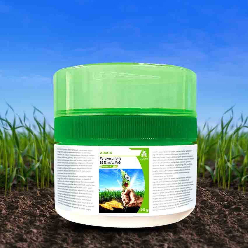 Adama ADACA herbicide product packaging, featuring the logo, product name, and key information, displayed on a patch of soil with a green field background. Design created by Greysell.