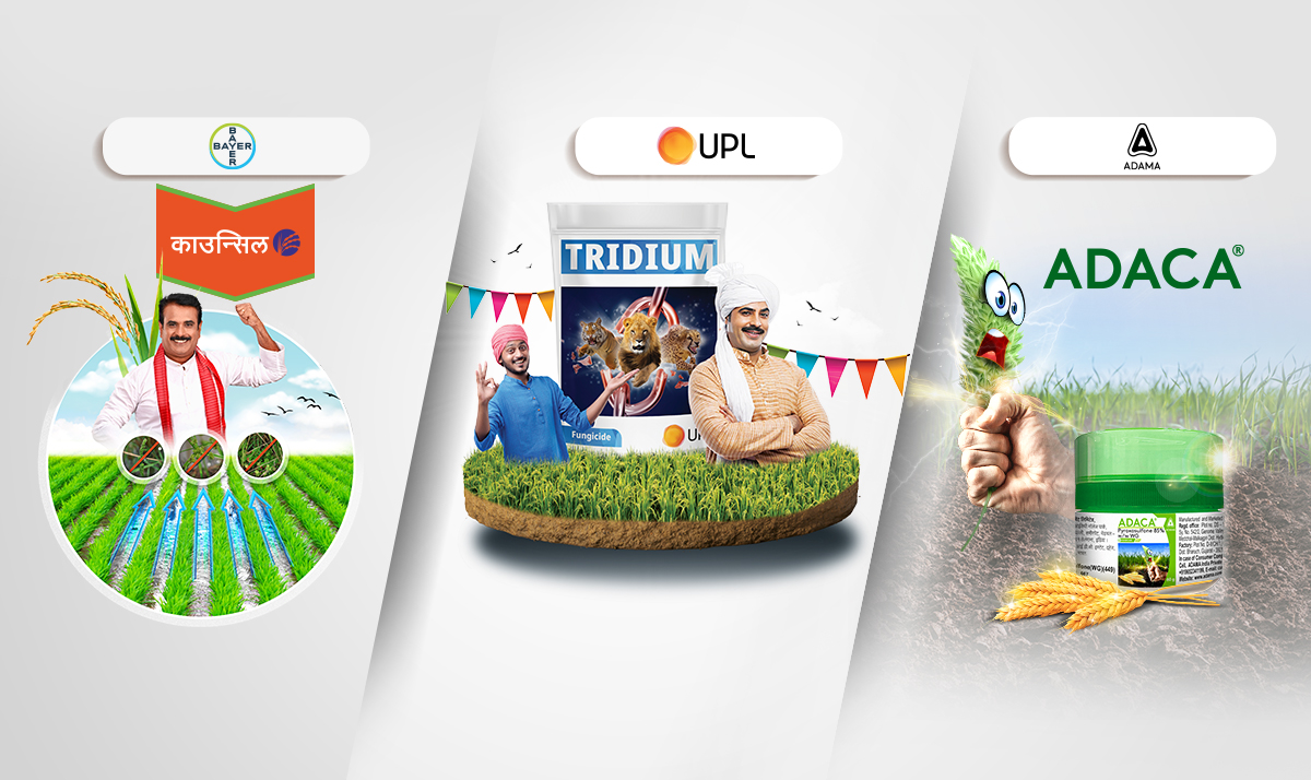 Image showcasing the logos of Bayer, UPL, Adama, and Tridium, likely representing a collaboration or partnership between these leading players in the agricultural industry.