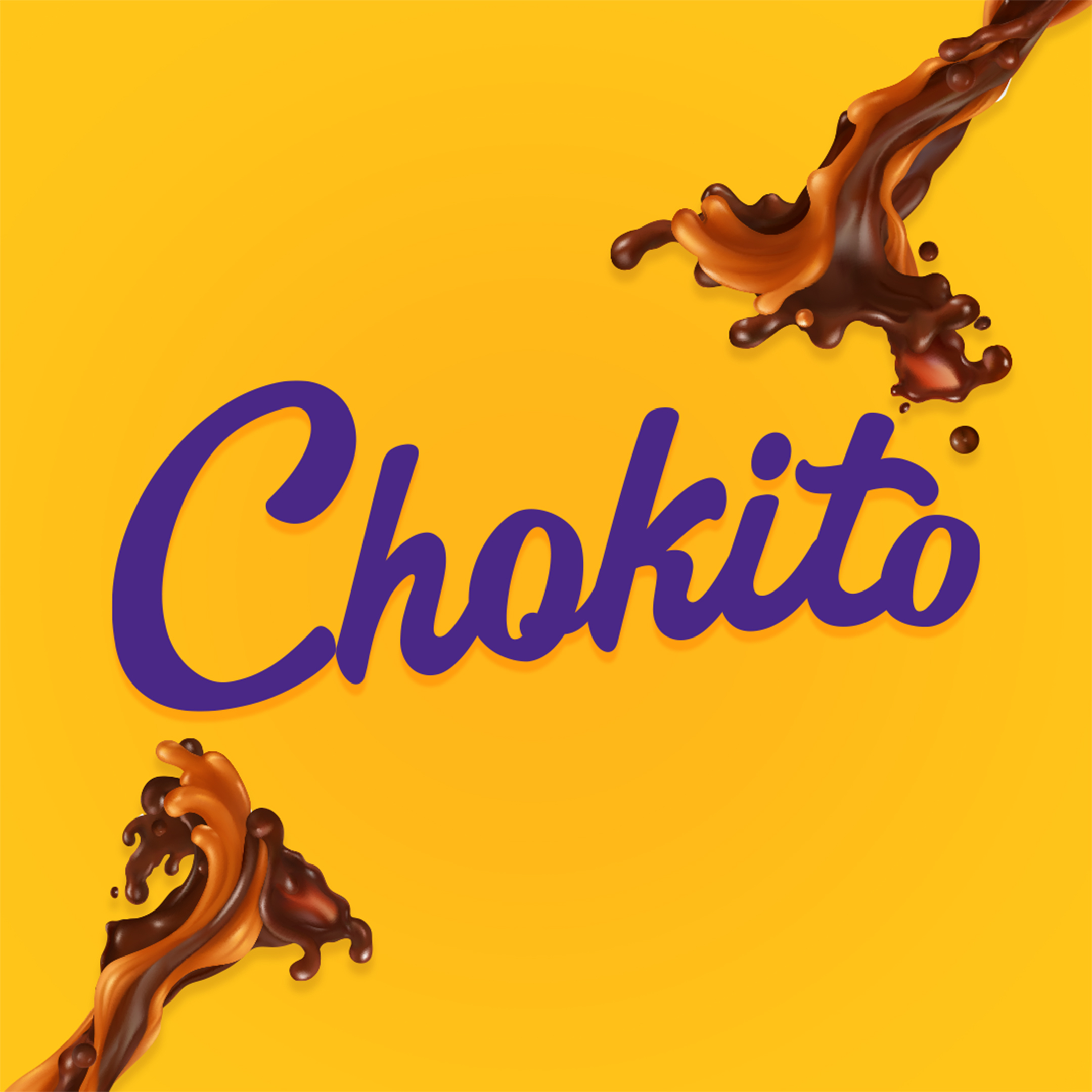 The Chokito logo in purple with dynamic chocolate swirls on a yellow background. Design by Greysell.