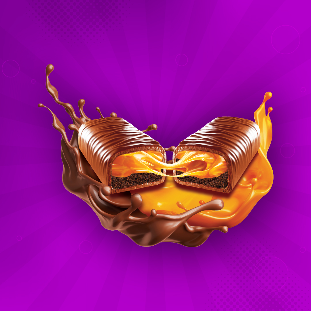 Two halves of a chocolate bar with caramel oozing out, surrounded by splashes of caramel and chocolate. Design by Greysell.