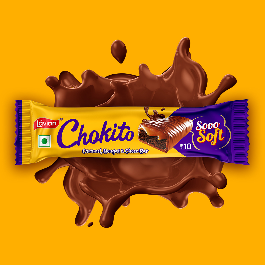 Lavian Chokito chocolate bar with caramel, nougat, and chocolate layers, shown with a chocolate splash. Design by Greysell.