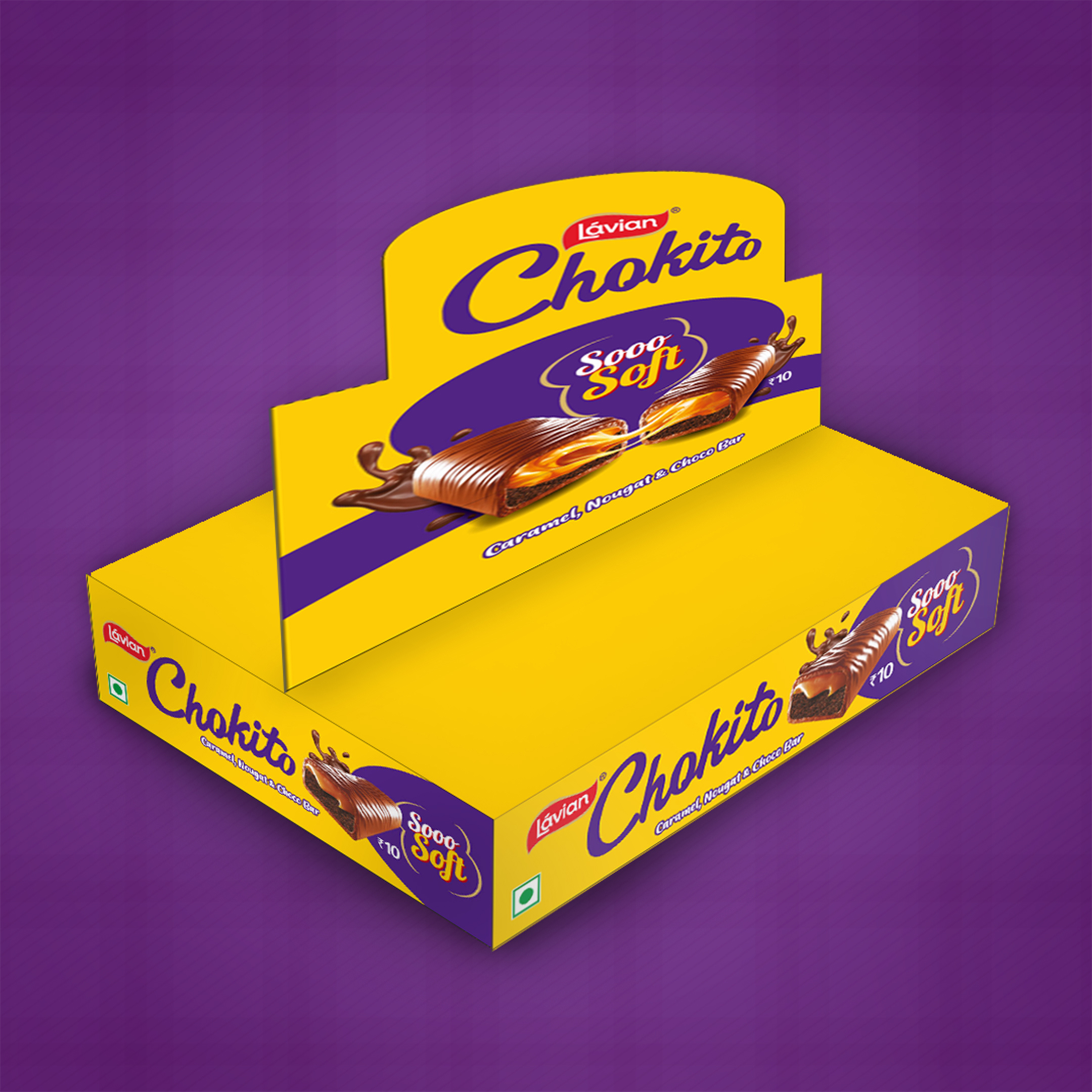 Lavian Chokito chocolate bars in a yellow and purple countertop display box. Design by Greysell.