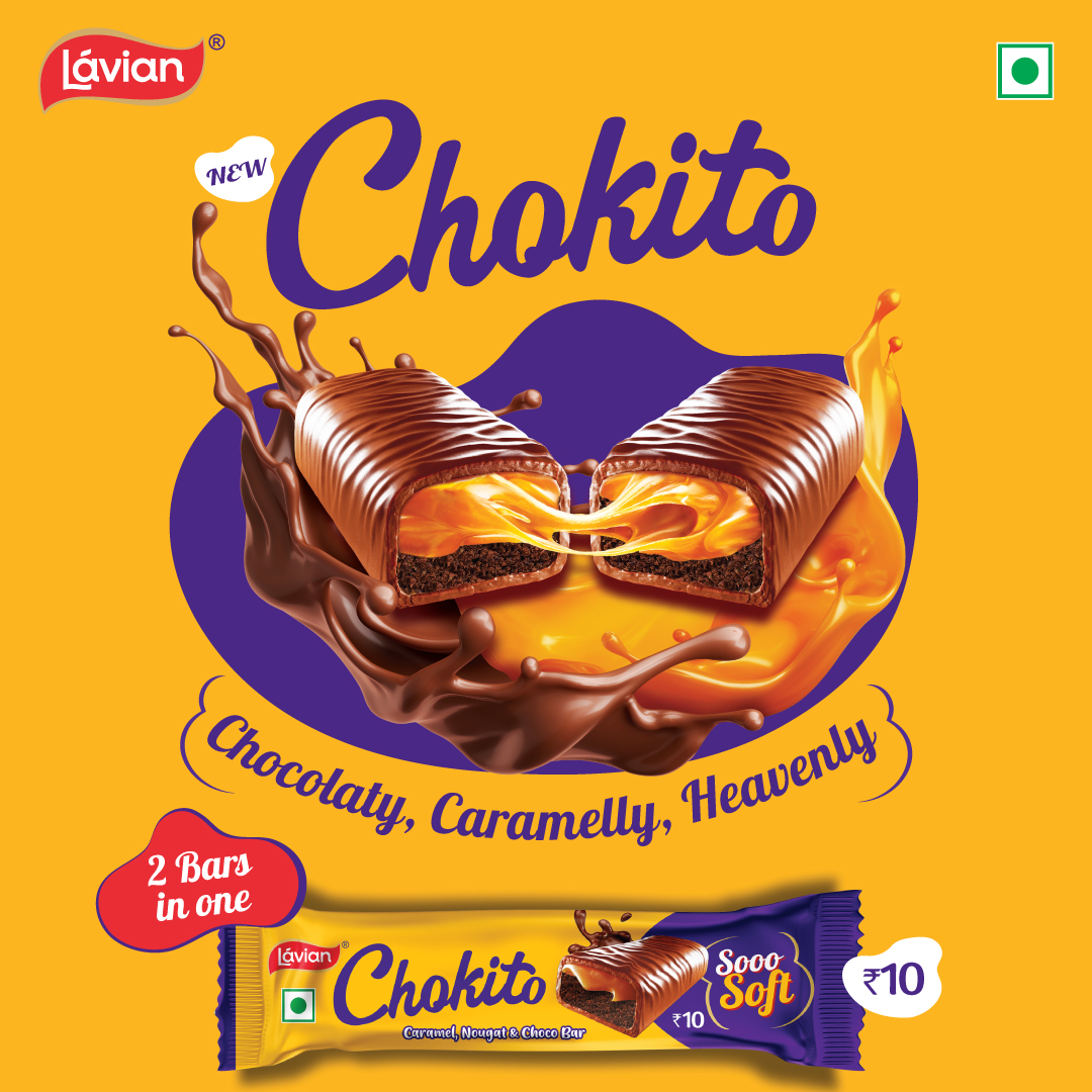  Lavian Chokito chocolate bar with caramel and nougat filling, shown broken in half with a splash of chocolate. Design by Greysell.