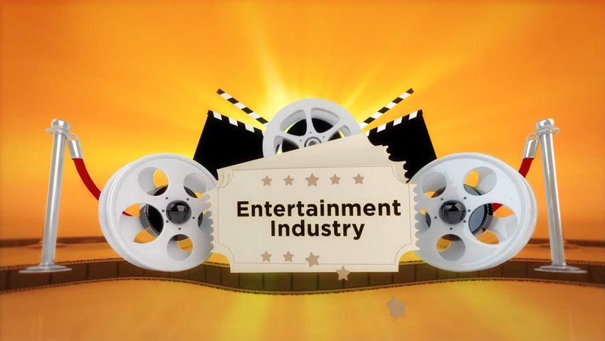 Entertainment Industry: Image featuring film reels, clapperboards, and a ticket, symbolizing the excitement and glamour of the entertainment business.