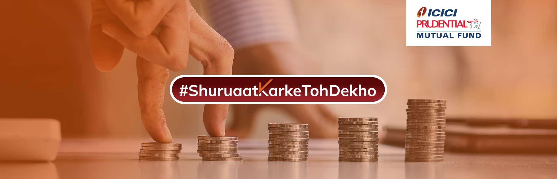 Hand walking fingers across stacks of coins, with the ICICI Prudential logo and #ShuruaatKarkeTohDekho tagline. Created by Greysell.