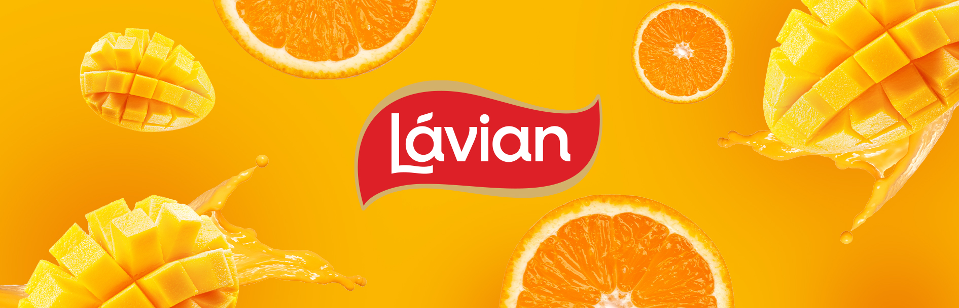 Lavian logo on a yellow background with sliced mango and orange fruit. Design by Greysell.