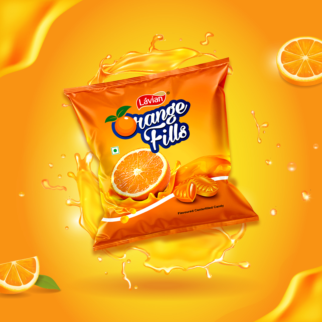 Lavian Orange Fills: Flavored center-filled hard candies with a refreshing orange taste, shown in their packaging. Designed by Greysell.
