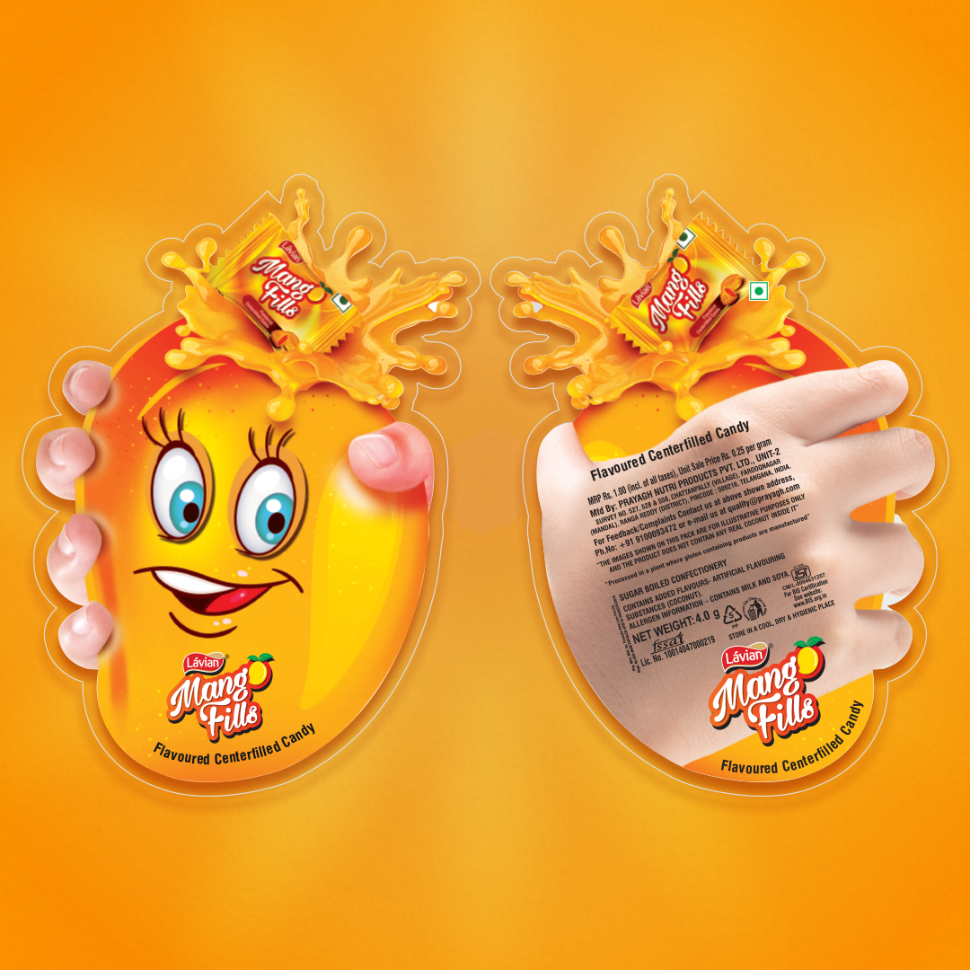 Front and back of Lavian Mango Fills candy wrapper with mango illustration, candies, and product information. Design by Greysell.