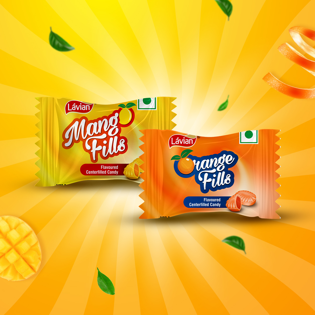 Lavian Mango Fills (yellow) and Orange Fills (orange) candy wrappers on a yellow background with mango and orange visuals. Design by Greysell.