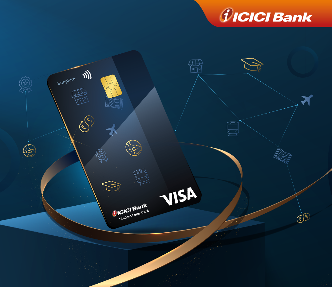 ICICI Bank Student Sapphiro Forex Card on a blue background with icons. Created by Greysell.