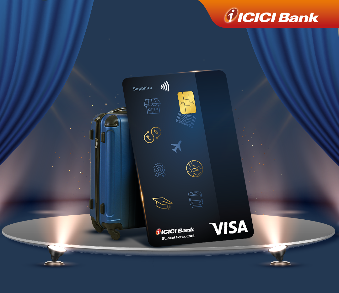 ICICI Bank Student Sapphiro Forex Card shown on a round platform with a suitcase and drawn curtains, highlighting its travel-related features. Design created by Greysell