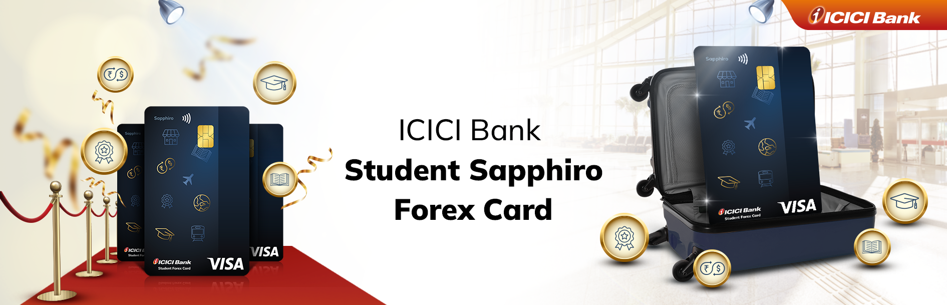 Promotional image for the ICICI Bank Student Sapphiro Forex Card, featuring the card design, VISA logo, and highlighting key features. Created by Greysell.