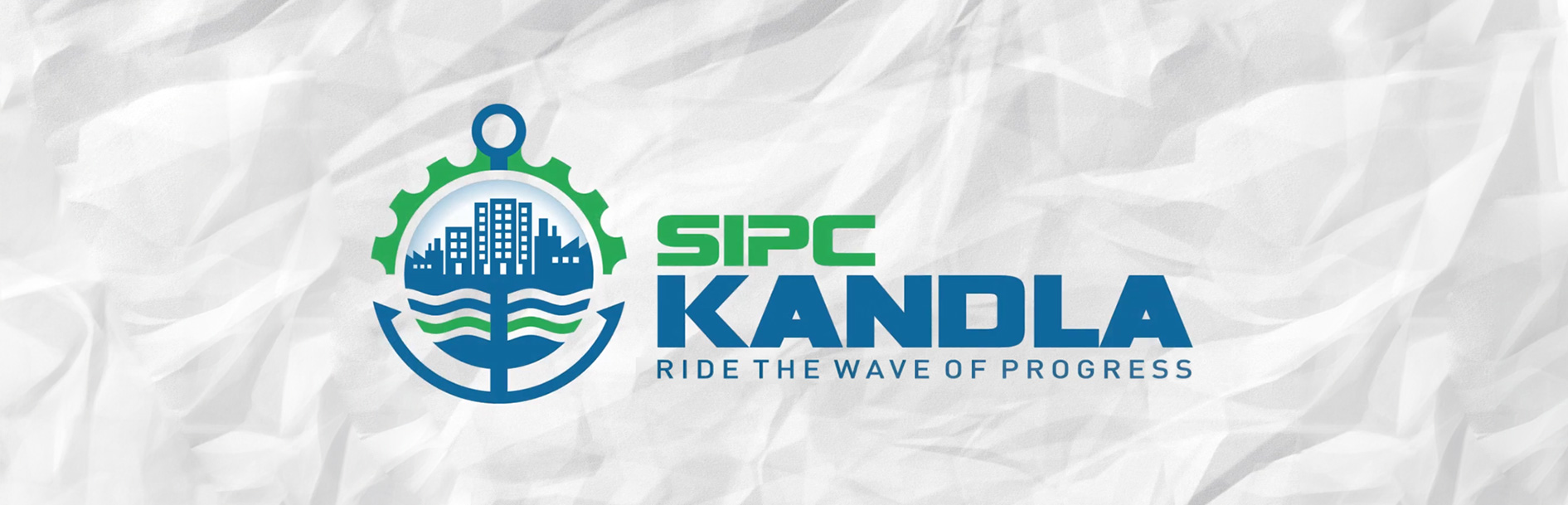 SIPC Kandla logo with an anchor, gear, cityscape, and waves, with the tagline Ride the Wave of Progress. Design by Greysell.