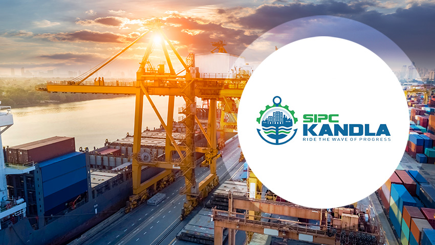 SIPC Kandla: Image showcasing a busy port with cargo ships, cranes, and containers, highlighting the importance of maritime trade and logistics.