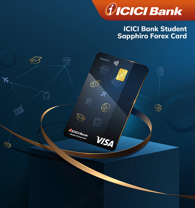 The ICICI Bank Student Sapphiro Forex Card, showcasing its sleek design and global connectivity, created by Greysell