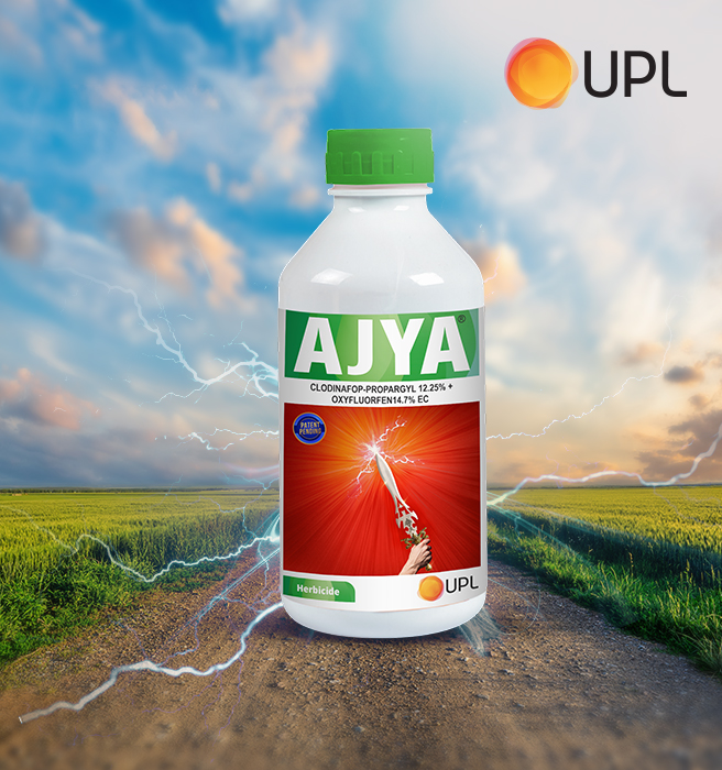UPL Ajya Herbicide: Packaging design by Greysell showcases a vibrant bottle with a green cap, highlighting the brand's commitment to effective weed control. The image features a lightning bolt striking a weed, symbolizing the product's power.
