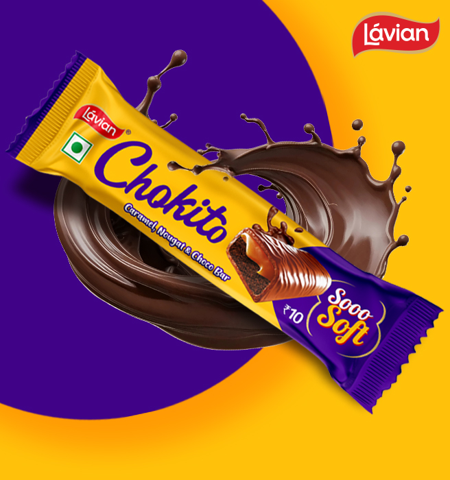 Lávian Chokito Chocolate Bar: Packaging design by Greysell showcases a delicious chocolate bar with a tempting caramel, nougat, and chocolate filling. The image features a vibrant color scheme and a dynamic splash of chocolate, highlighting the product's indulgent texture.