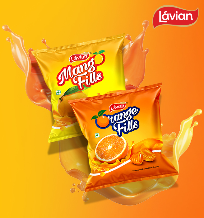 Lávian Mango Fills and Orange Fills: Packaging design by Greysell showcases two vibrant candy packets with playful splashes of orange and yellow. The imagery of a mango and an orange emphasizes the delicious fruity flavors inside.