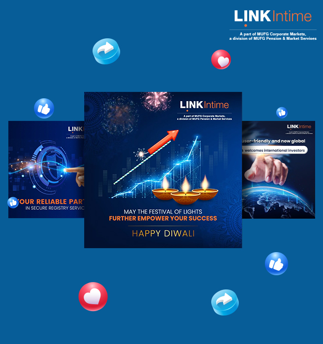 LINK Intime Diwali Social Media management: A series of visually appealing social media posts created by Greysell, celebrating Diwali and highlighting the company's secure and reliable registry services. The posts feature festive imagery and messages of success and empowerment, promoting LINK Intime as a trusted partner in the financial sector.